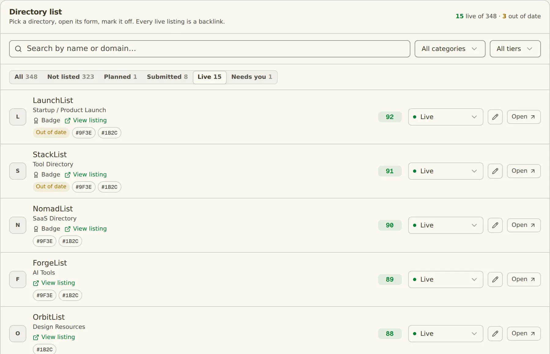 The directory catalog inside Quillly, filtered to live listings: one row per directory with its Domain Rating, category, live status and the badge chip that keeps the dofollow link.